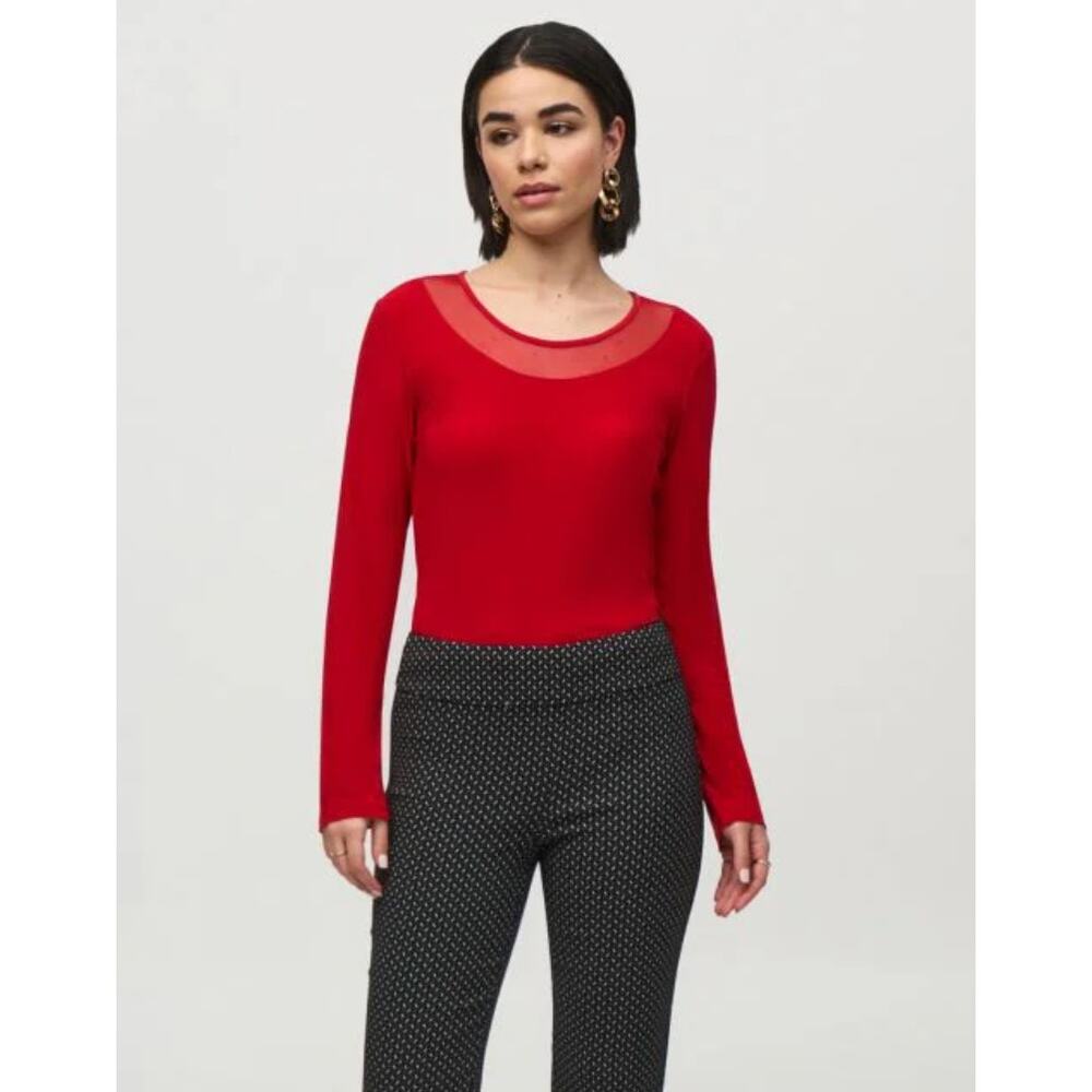NWT Joseph Ribkoff Mesh Round Neck‎ Long Sleeve Fitted Top Lipstick Red Size 4